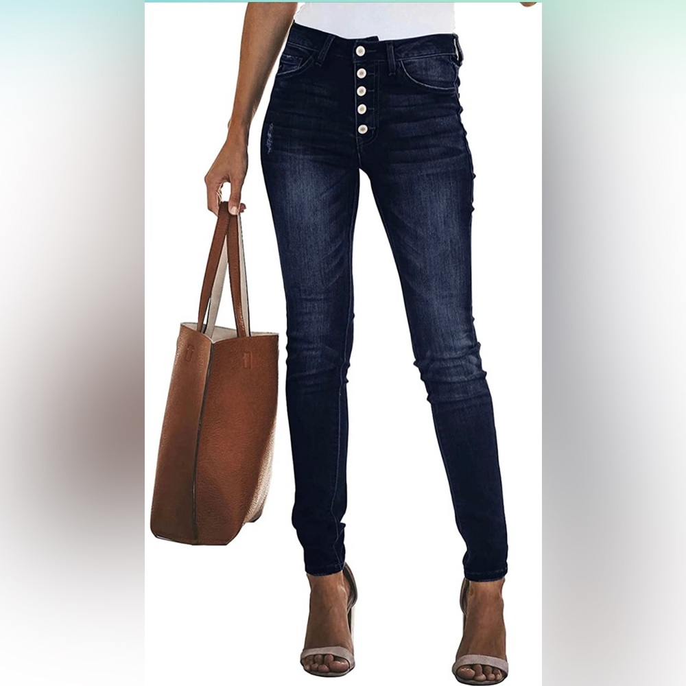 Skinny Jeans with Buttons Solid Color Casual Stretchy High Waisted Jeans